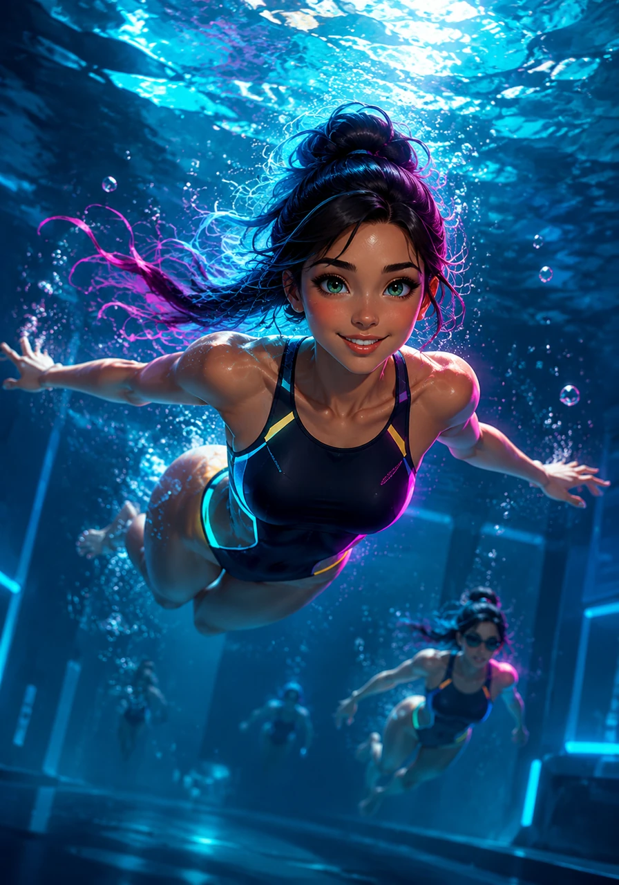 Elena dives into the pool to clear her racing mind, gliding through the water like a bird cutting through the sky. Beneath the surface, the world is serene, painted in shades of deep blue and dappled sunlight that mimic the joy bubbling in her chest.