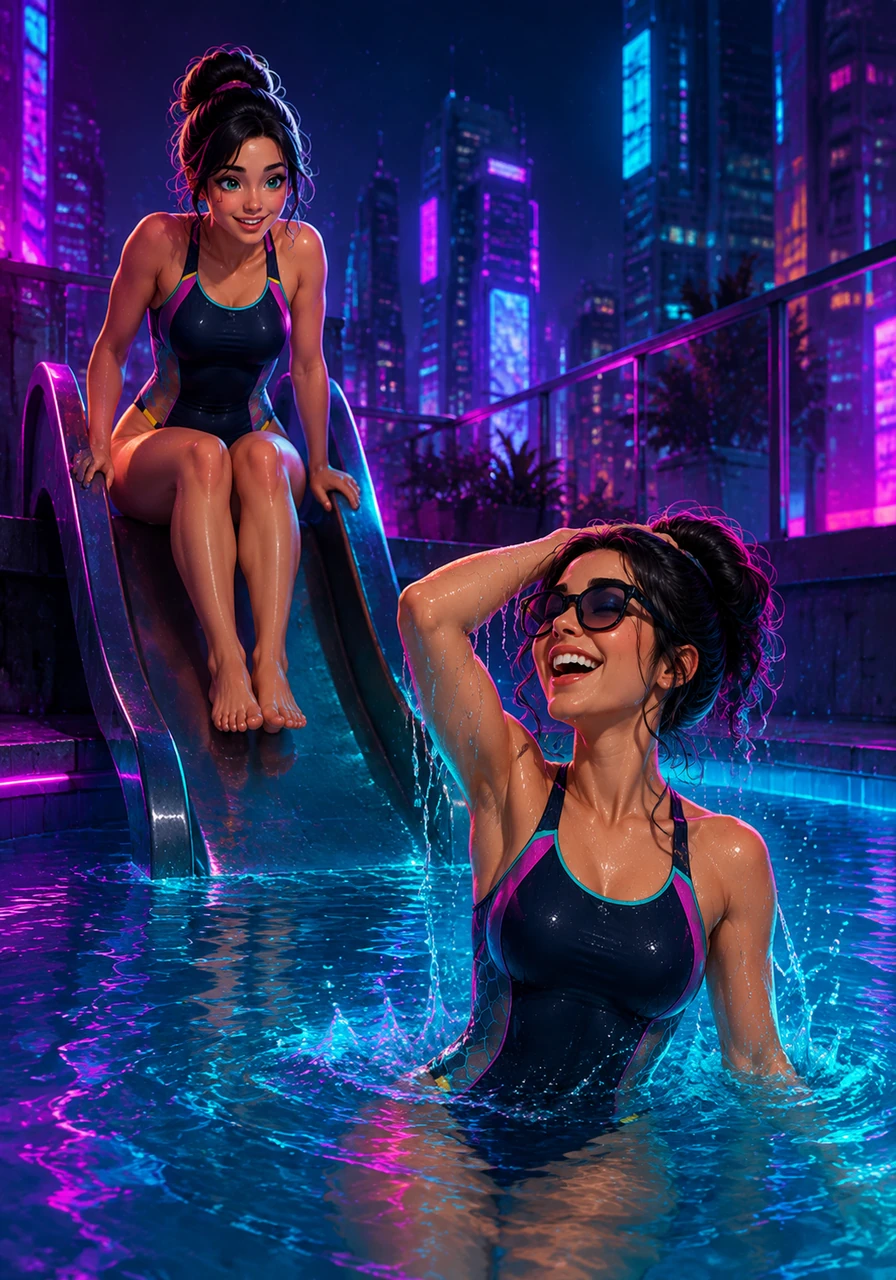 Clara watches Elena surface, captivated by the effortless grace of her movement and the bright laugh that follows. She decides to slide into the water too, her heart beating a little faster with a sudden, beautiful sense of anticipation.