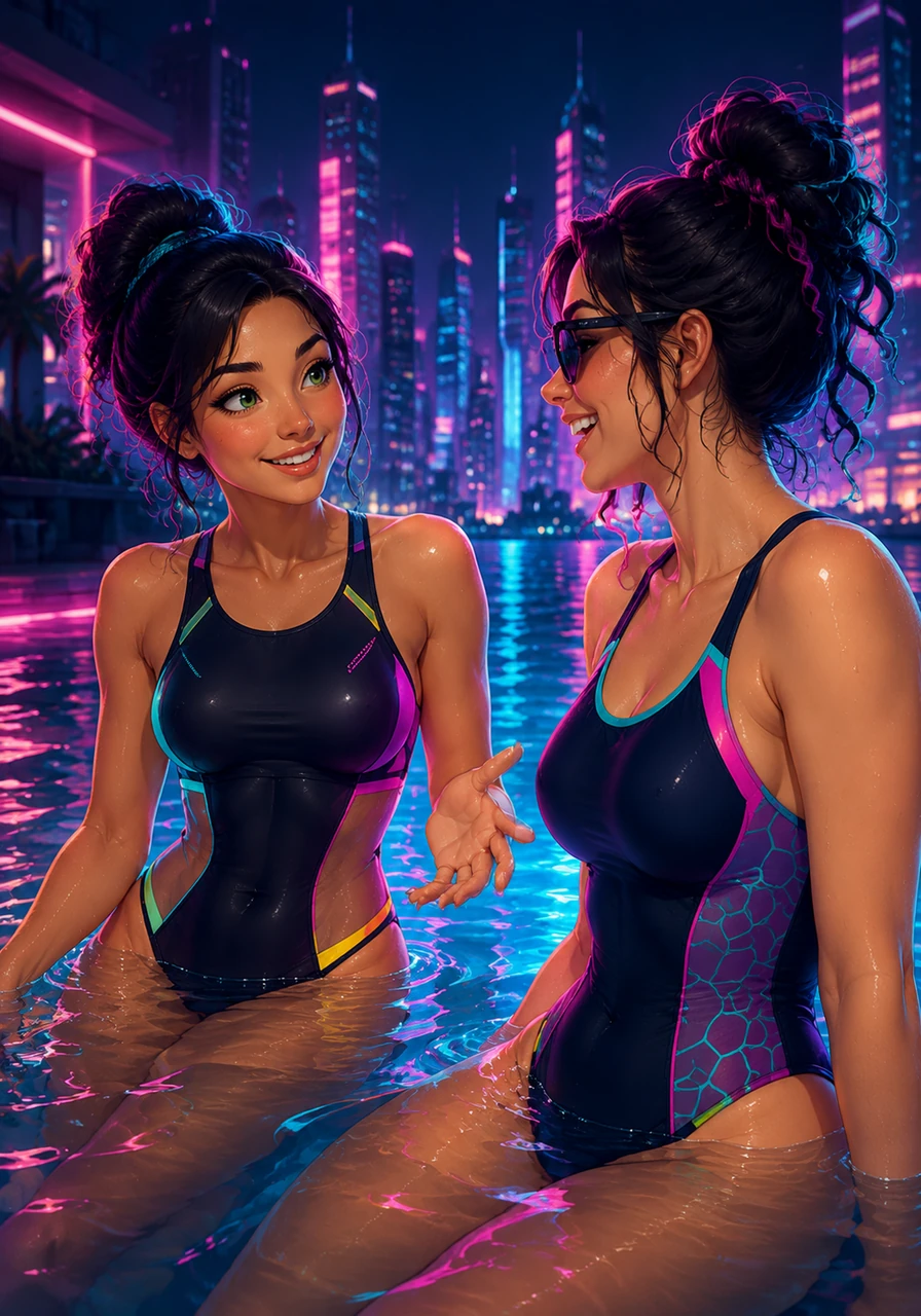 Elena offers a warm, genuine smile, breaking the silence as she introduces herself over the gentle lapping of the water. Clara responds with an easy laugh, her initial nervousness melting away beneath the kindness in Elena's bright eyes.