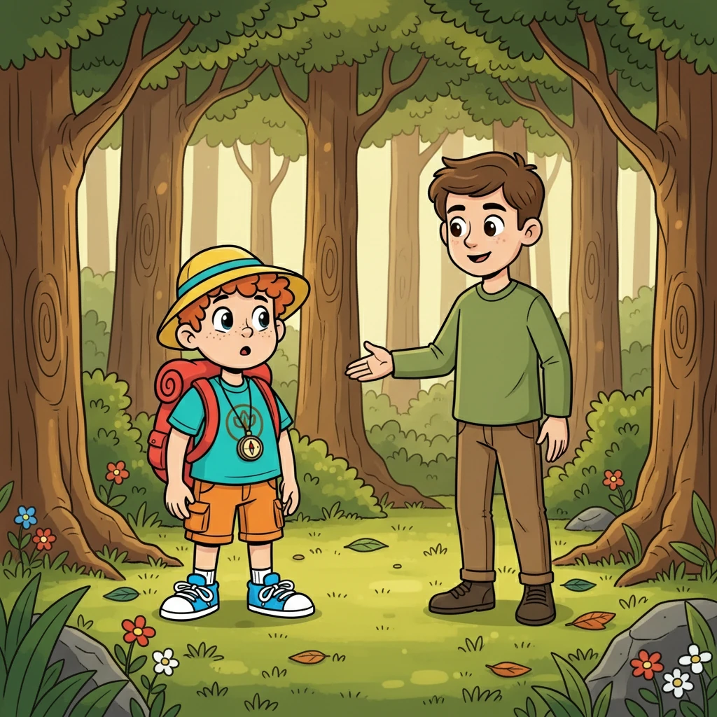 After what felt like hours, they stumbled upon a small clearing. Suddenly, they saw a young man approaching them. His face was kind, and he smiled gently, causing them to hesitate before asking for help.