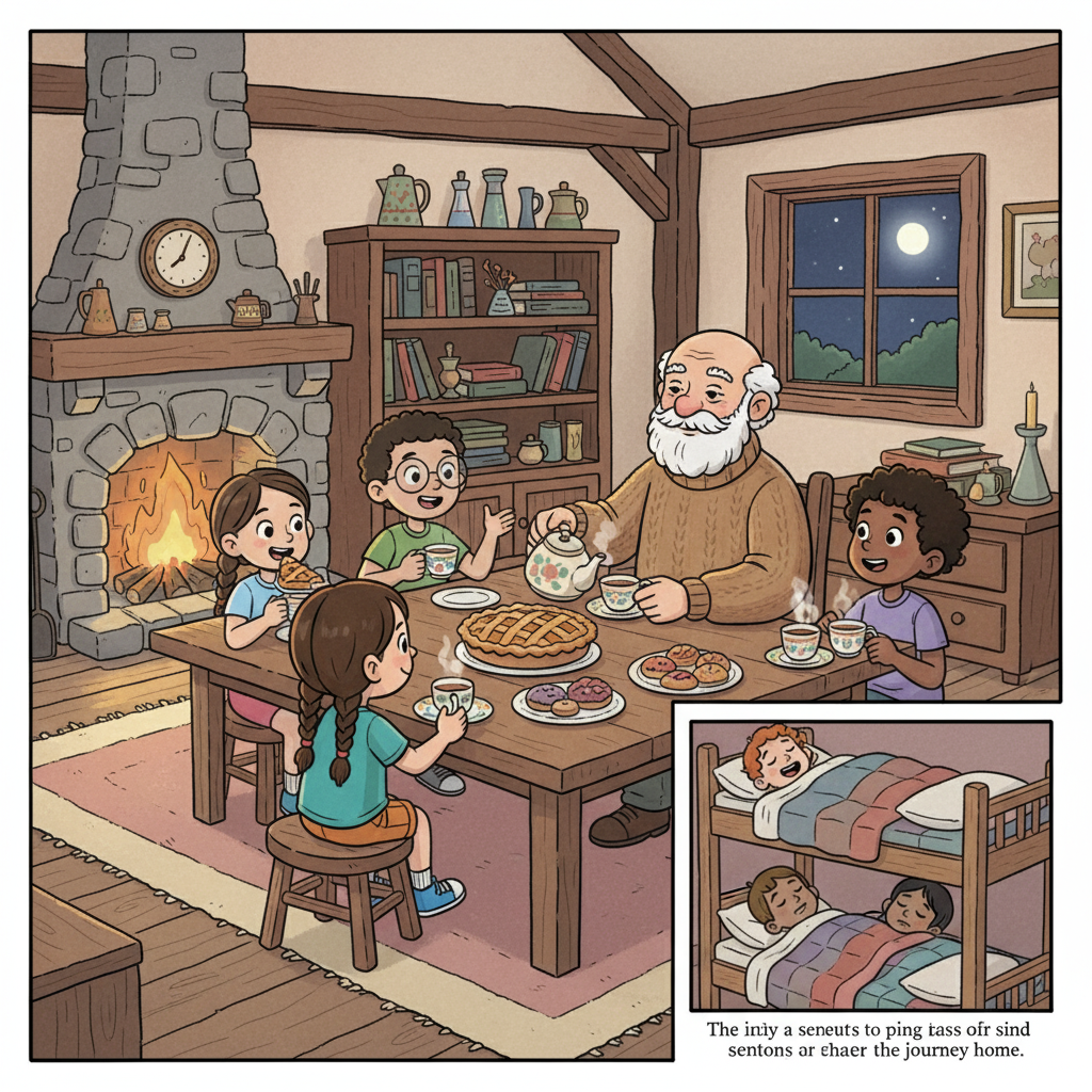 Oliver led them back to his cozy cottage, where he treated them to a delicious pie and warm tea. They shared stories, and the friends felt grateful for the kindness of a stranger. They slept soundly, dreaming of their safe return home.