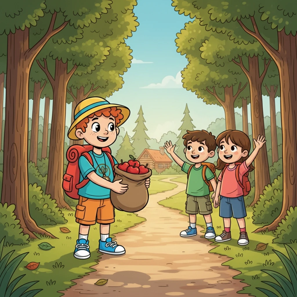 The next morning, Oliver showed them the way back to the familiar path and gave them a bag of juicy apples for the journey. They waved goodbye, promising to never forget their small adventure and the kindness of the stranger who helped them.