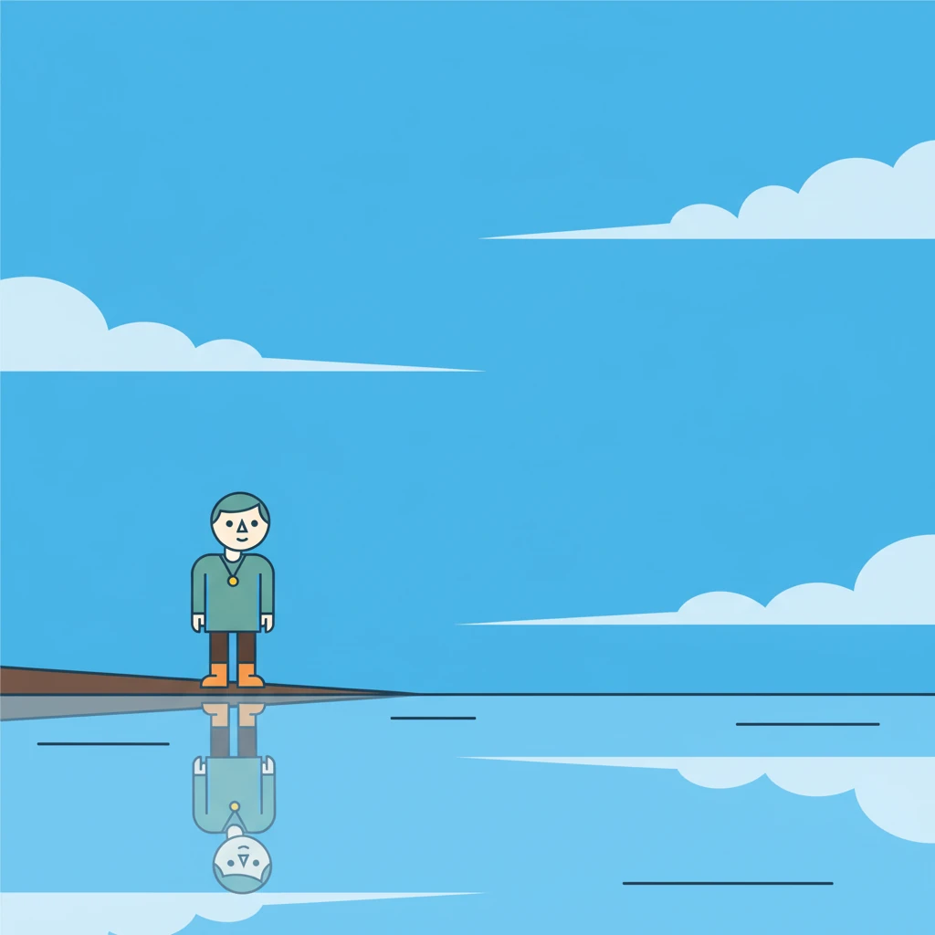 Kael stands by a crystal-clear lake, his reflection mirroring his serious gaze. Wispy cirrus clouds drift across the vast blue sky, reflected perfectly in the water below. He contemplates his path, a silent question echoing his journey.