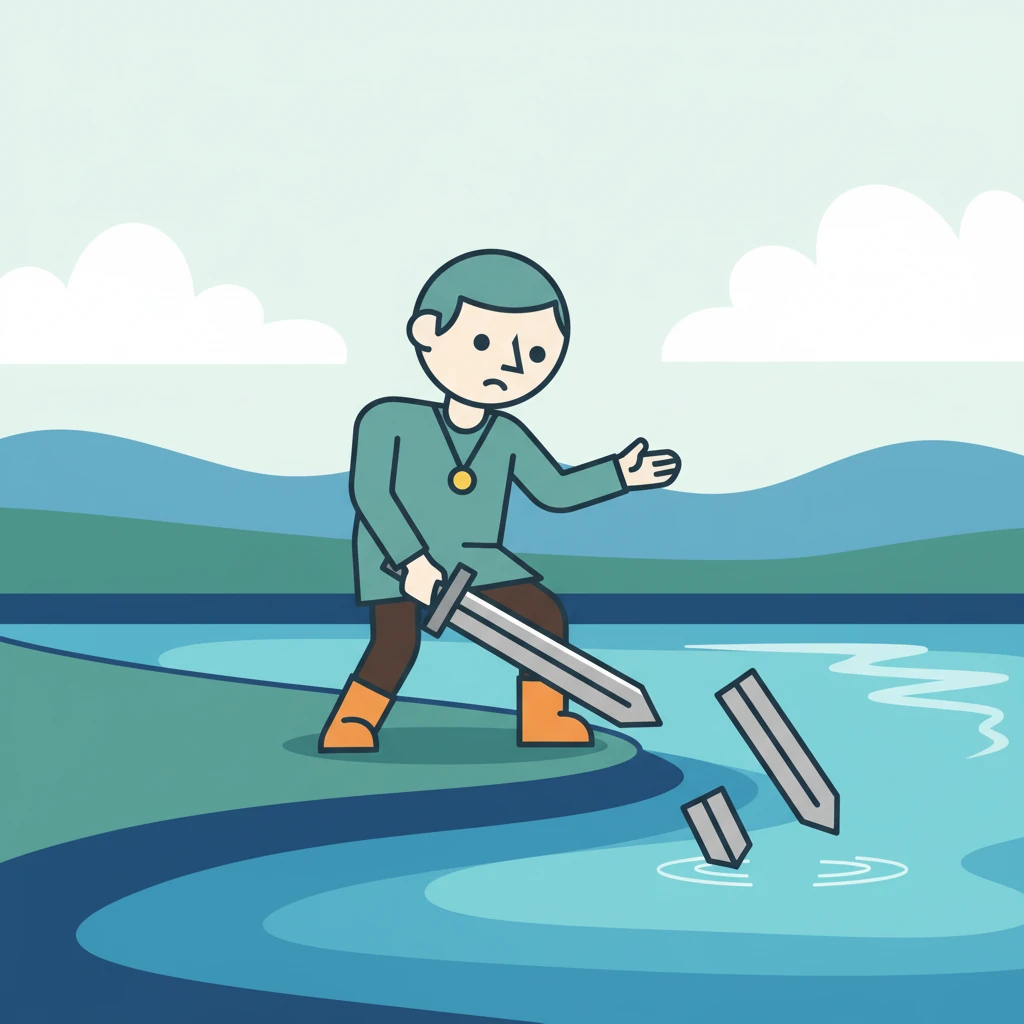 With a decisive motion, Kael snaps his sword in two, the pieces falling into the shimmering lake. He gazes at his outstretched hand, a silent vow forming on his lips to wield his own power in this world.