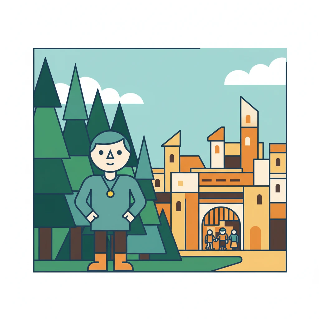 Kael exits the dense, geometric forest, his posture relaxed and hands casually in his pockets. His face is serene as he approaches the welcoming, blocky entrance of a bustling village.