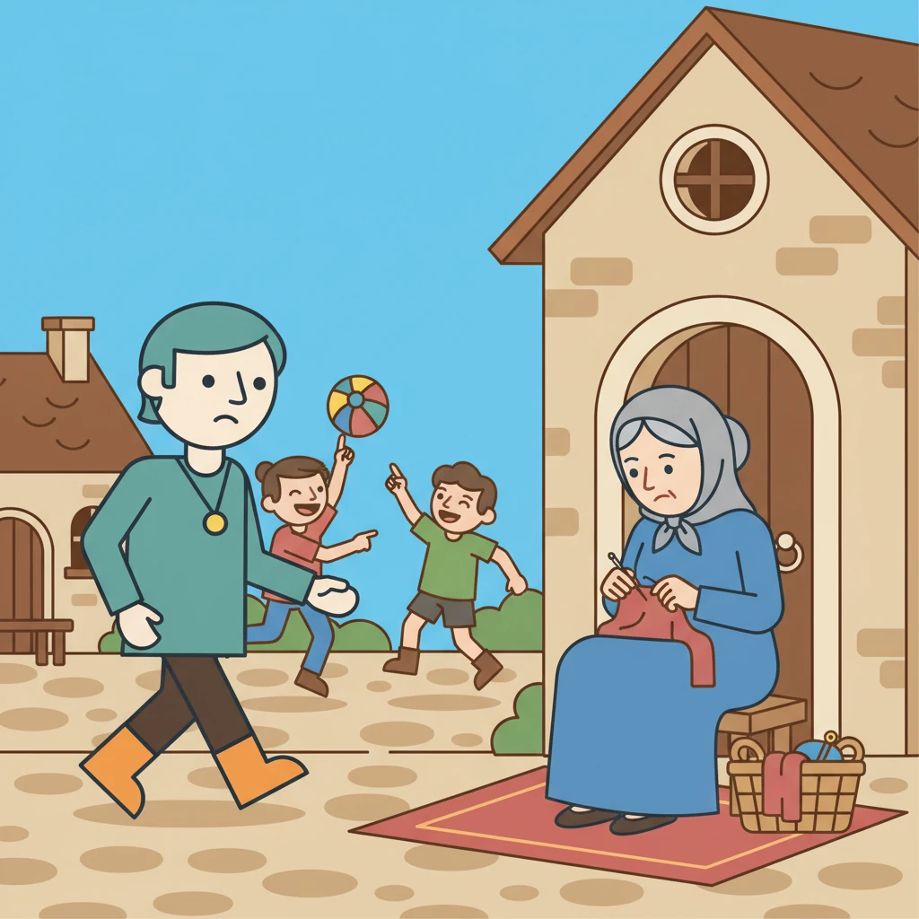 Kael walks through the village square, briefly observing children playing a lively game, their joyful shouts echoing. His gaze then sharpens, drawn to a kind old woman seated by her doorway, mending fabric.