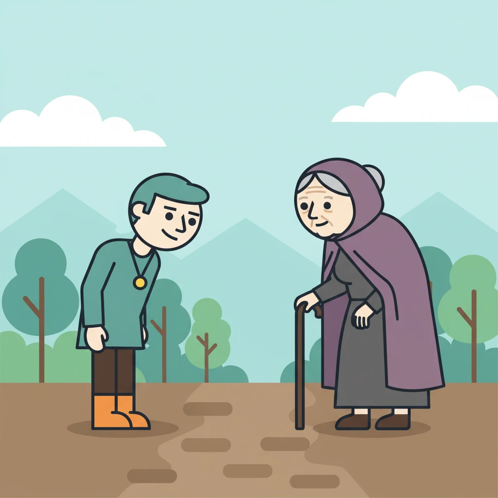 Kael stands before the old woman, his expression serious yet softened by a slight, respectful smile. He inclines his head slightly, asking if she knows of any nearby kingdoms and how to reach them.