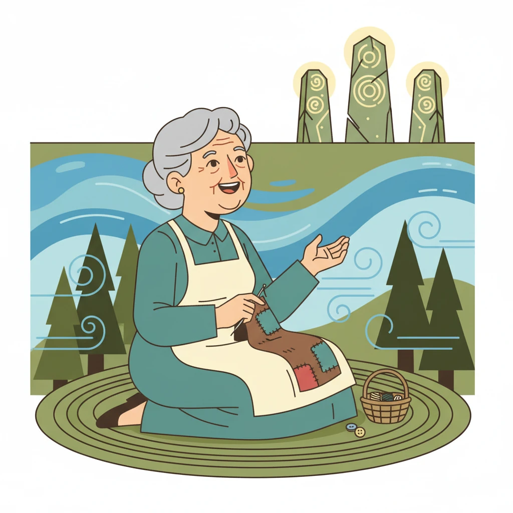 The old woman looks up from her mending, her face crinkling into a warm smile as she speaks. She describes the kingdom of Eldoria, located past the Whispering Woods and Silverbrook, marked by ancient standing stones.