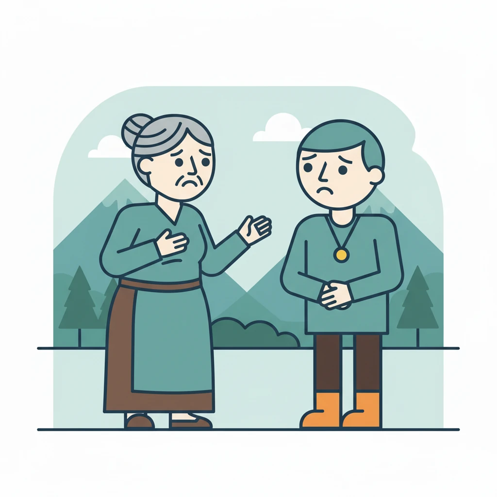 The old woman's warm smile vanishes, replaced by a look of profound concern and disbelief. She gently warns Kael that true strength lies not in destruction, but in unity and the bonds shared between people.