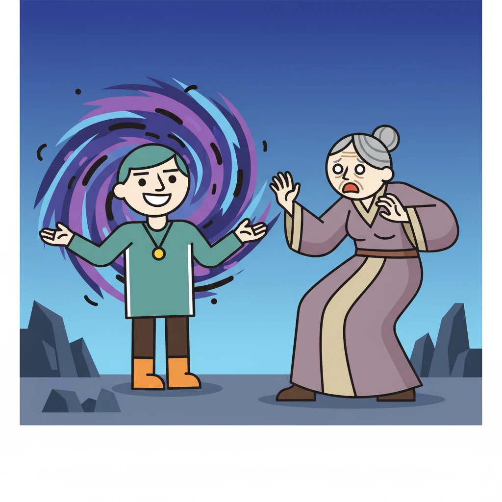 Kael dismisses her wisdom with an arrogant grin, revealing his plan to transcend dimensions and change the cosmos. The old woman recoils in shock, her eyes wide with fear and disgust, calling him a monster.