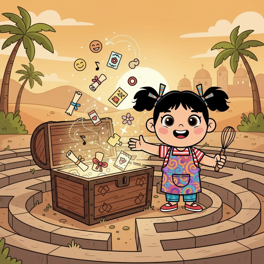 في نهاية المتاهة، وجدوا صندوقًا قديمًا. فتحوا الصندوق، ووجدوا فيه كنزًا ثمينًا، وهو ليس ذهبًا أو مجوهرات، بل ذكريات جميلة ورسائل من أصدقاء القرية.