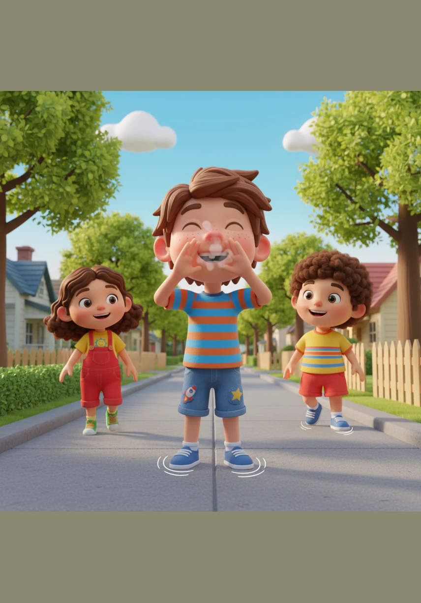 The sun shines brightly over Maple Street as Leo steps outside, his sneakers squeaking on the pavement. He lets out a loud whistle, signaling to his friends that the afternoon fun is about to begin.