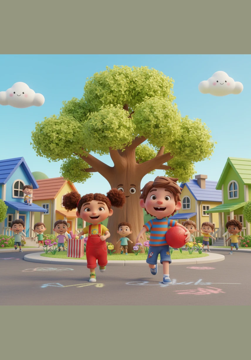 Children of all ages spill out from their colorful houses, gathered around the big oak tree in the center of the cul-de-sac. Maya and Sam arrive first, clutching a bag of sidewalk chalk and a bright red ball.
