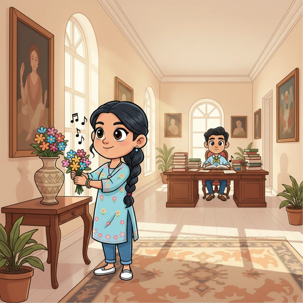 Riya moved into Vikram's grand, yet often silent, home. She tried to infuse it with her warmth, placing colorful flowers and humming soft tunes. Vikram was frequently engrossed in his work, leaving Riya to navigate the quiet hallways and the vast space between them, a new bride in a new world.