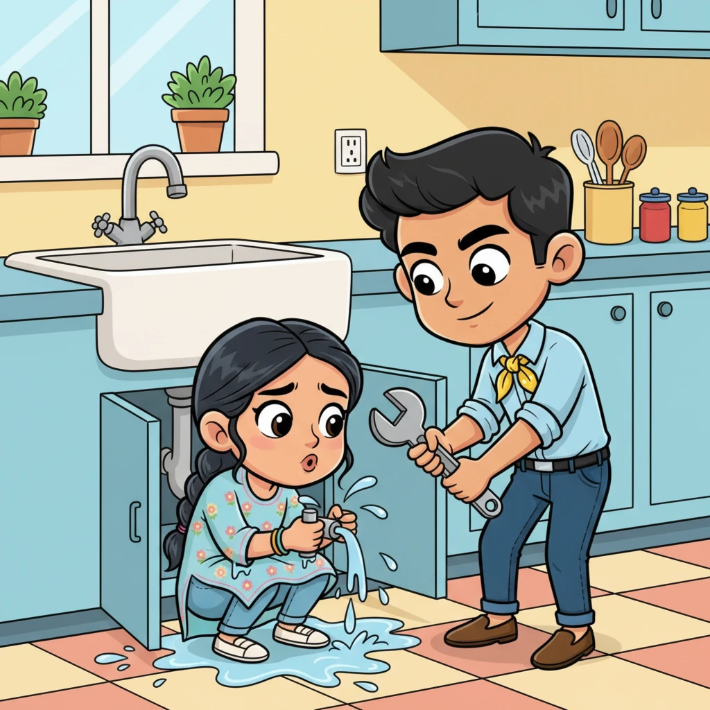 One afternoon, Riya struggled to fix a stubborn kitchen faucet, getting water everywhere. Unexpectedly, Vikram appeared, observing her clumsy attempts with a slight smirk. Without a word, he calmly took the wrench and expertly tightened the pipe, a quiet act of helpfulness that surprised and pleased her.