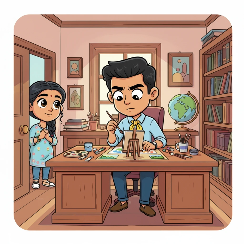 Riya stumbled upon Vikram in his study, not working, but meticulously painting a delicate miniature landscape. His concentration was intense, his usual sternness replaced by a gentle focus. She watched, captivated, as a hidden, artistic side of him slowly began to reveal itself.