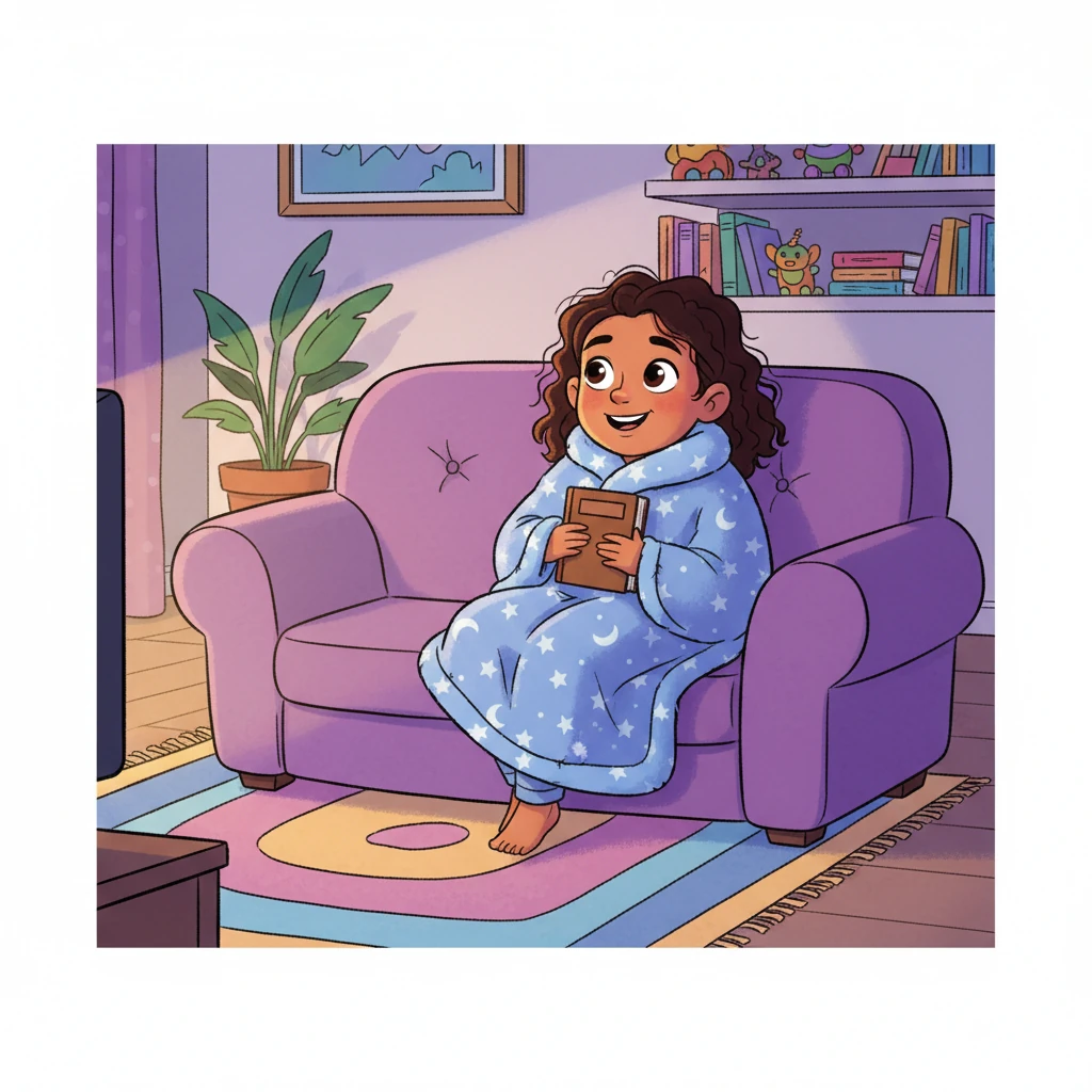 Maya was cozily nestled on her plush, purple sofa, the soft, warm light from the television casting a gentle glow across her happy face. Her favorite fuzzy blanket was wrapped around her, making her feel perfectly content as she relaxed after a long day.