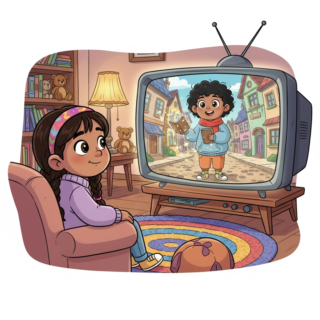 On the TV, a short film titled 'Address' played. The screen showed a cozy, old-fashioned street, and a character with kind eyes and a warm smile appeared, instantly capturing Maya's attention. This was Rishi, and there was something truly special about him.