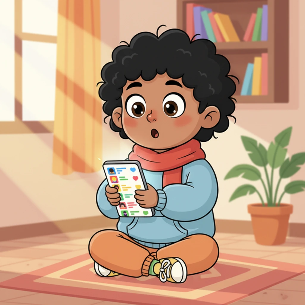 She scrolled through various social media profiles, her eyes widening with each new discovery. The vibrant cartoon world of her phone screen was filled with images and names, and she felt like a detective on a fun mission.