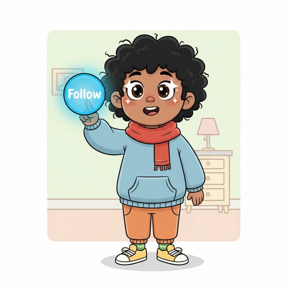 Without a moment's hesitation, Maya's finger hovered over the 'Follow' button. Her cartoon eyes sparkled with a mix of excitement and a tiny bit of playful nervousness, a bold decision about to be made.