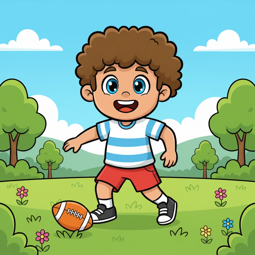 Leo, a small boy with bright red shorts and a striped shirt, is dribbling a bright orange football across a sunny green park. His eyes are sparkling with joy as he weaves around imaginary defenders, a wide grin on his face. The park is vibrant with colorful flowers and distant, cartoonish trees.