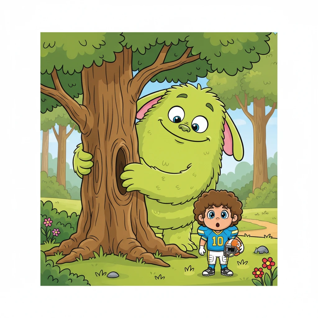 Suddenly, a colossal, googly-eyed green monster with floppy ears and a wide, friendly smile peeks from behind a giant oak tree. Gloop, the monster, is much taller than the tree, his body a soft, wobbly mass. He watches Leo with innocent curiosity, one enormous foot peeking out.