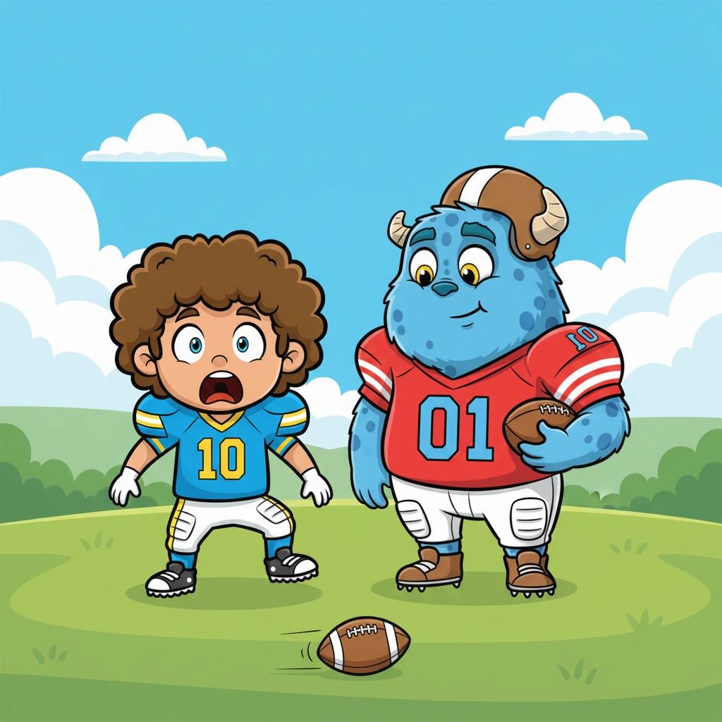 Leo stops dead in his tracks, the ball rolling past him. His jaw drops, and his eyes widen into perfect circles as he stares up at the friendly giant. Gloop tilts his head, a soft 'Gloop?' sound escaping his lips, looking more bewildered than scary.