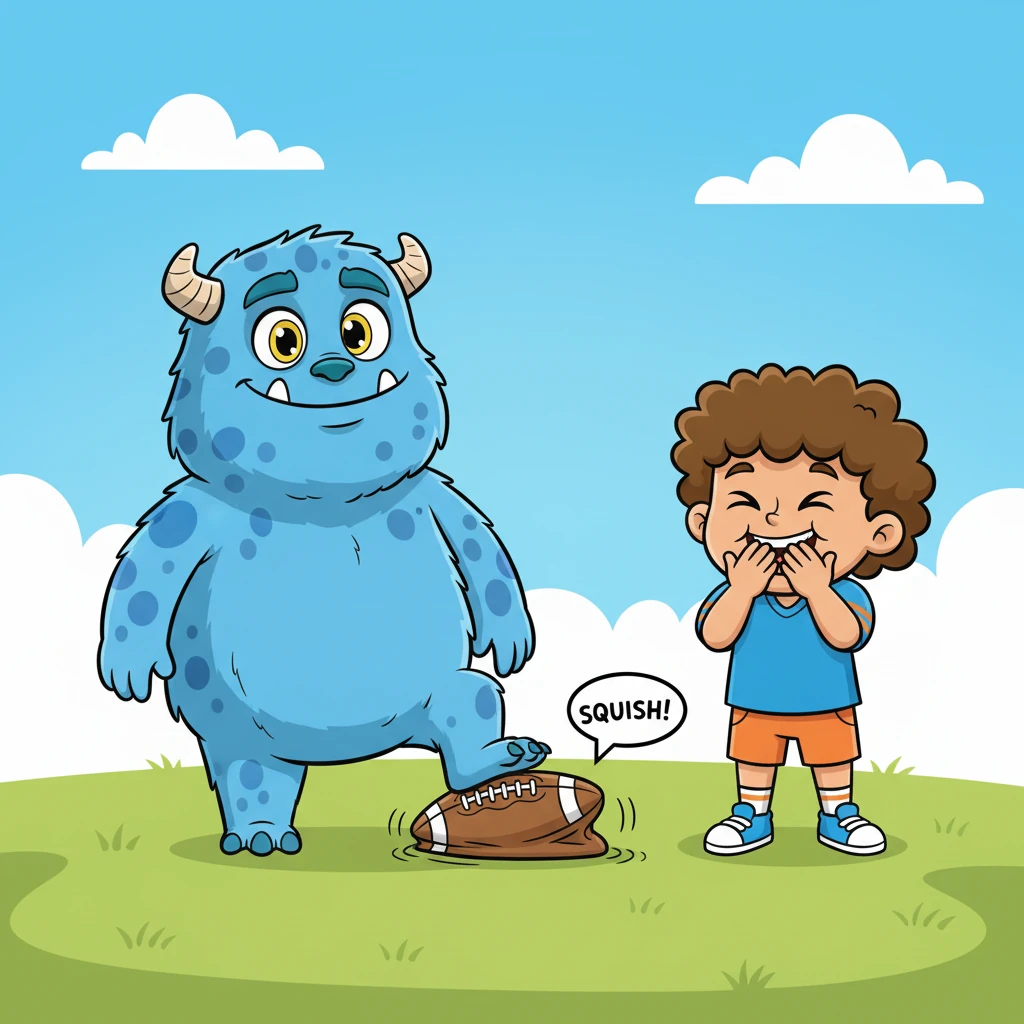 Gloop tries to kick the ball, but his foot is too big and clumsy. Instead of kicking, he accidentally steps on the ball, flattening it like a pancake with a comical 'SQUISH!' sound. Leo claps his hands over his mouth, trying to stifle giggles.