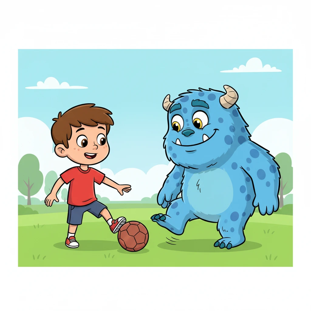 Leo retrieves a new, perfectly round ball. He demonstrates how to gently tap it with the side of his foot. Gloop watches intently, his giant head nodding, trying to mimic Leo's delicate footwork with his massive, clumsy limbs.