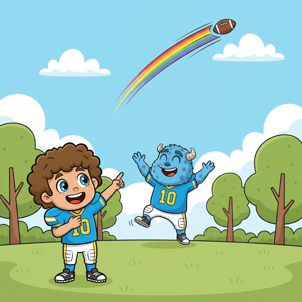 With a mighty swing, Gloop finally connects! The ball rockets into the sky, leaving a colorful streaking trail, flying over the park trees and disappearing into the clouds. Leo looks up, astonished, then bursts into laughter, pointing at the sky.