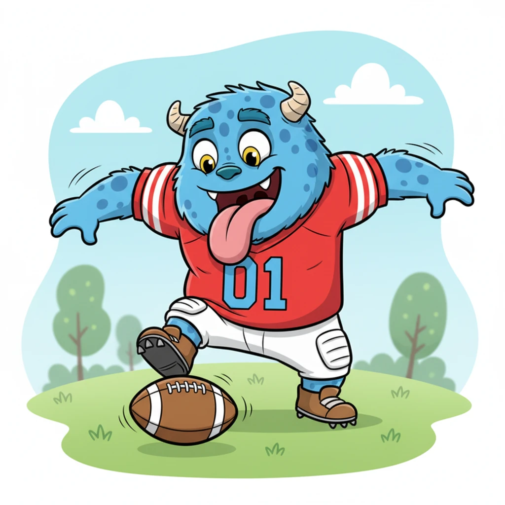 Gloop, now understanding his power, learns to control his kicks. He dribbles the ball with surprising grace, using his large feet to weave it around invisible opponents. His tongue sticks out in concentration, a look of pure joy on his face.