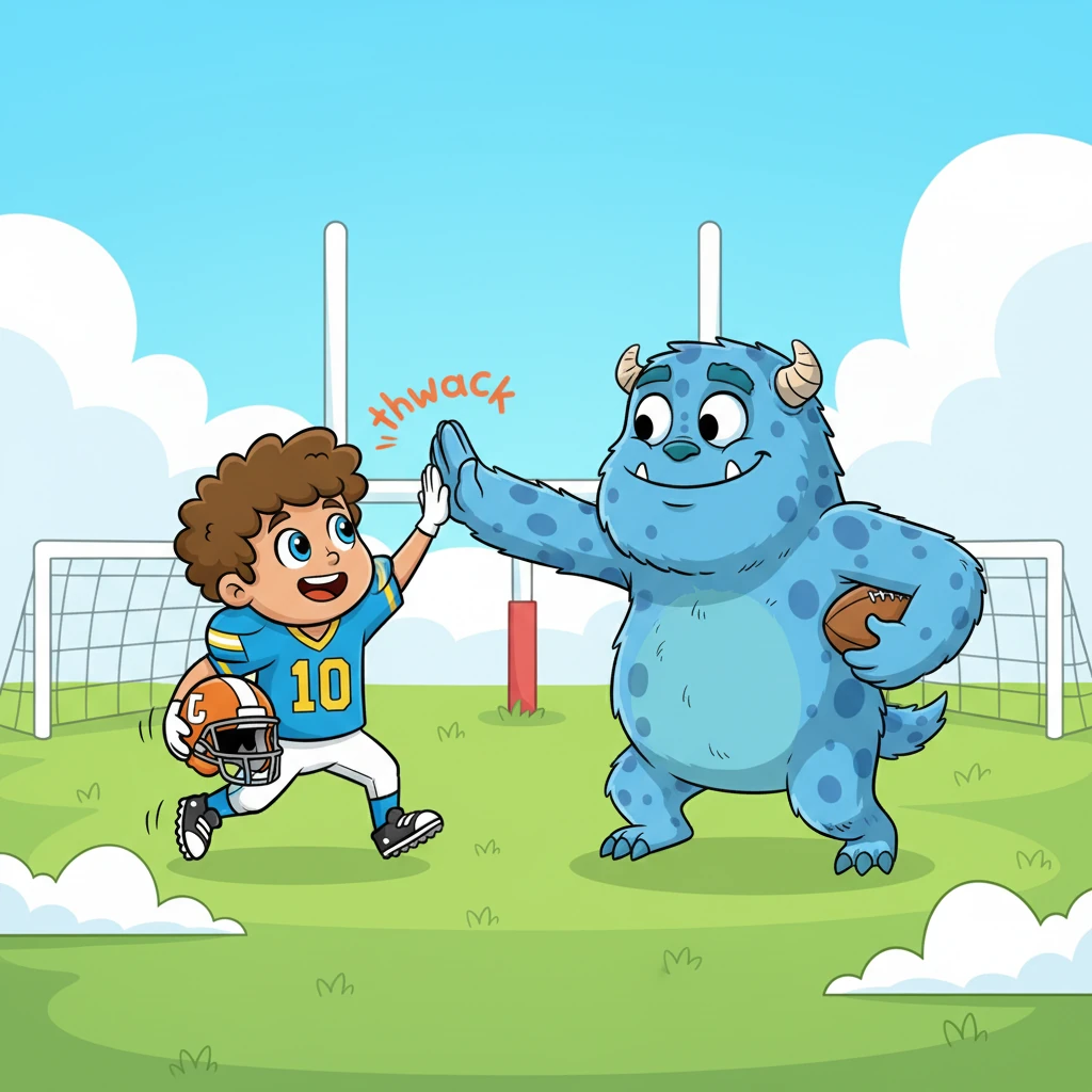 Leo and Gloop are now playing a full game together. Gloop uses his size to block imaginary shots, while Leo zips around, scoring goals with clever passes. They high-five with a tiny human hand meeting a giant, squishy monster palm.