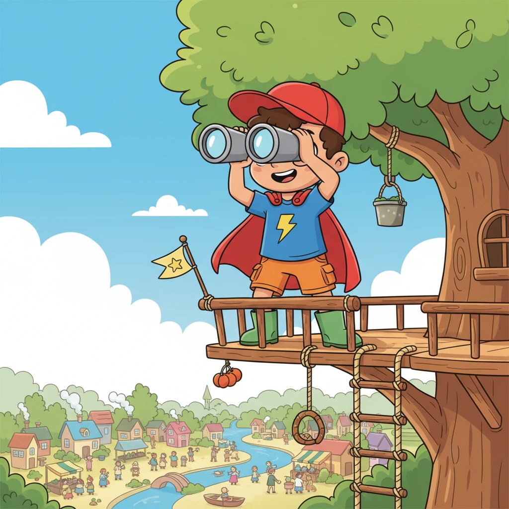 Leo, a cheerful boy with a bright red cap, stood atop his magnificent treehouse, binoculars glued to his eyes. From his lofty perch, he surveyed the bustling village below, always ready for his next big adventure or to lend a helping hand. He loved his community and dreamt of being a true hero.
