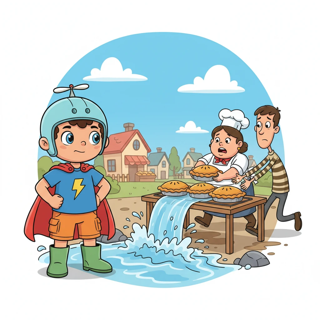 Suddenly, a small stream near the village began to swell, threatening to flood the baker's prize-winning pies cooling outside. Villagers scurried, worried about the rising water, their faces filled with concern. Leo spotted the trouble, his eyes widening with determination.