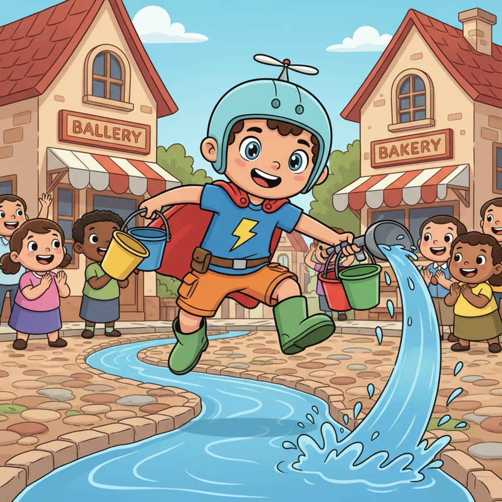 Without hesitation, Leo sprang into action, grabbing his trusty super-scooper and a string of colorful buckets. He cleverly diverted the rushing water, creating a winding path that led it safely away from the bakery. The villagers cheered, amazed by his quick thinking and clever contraption.