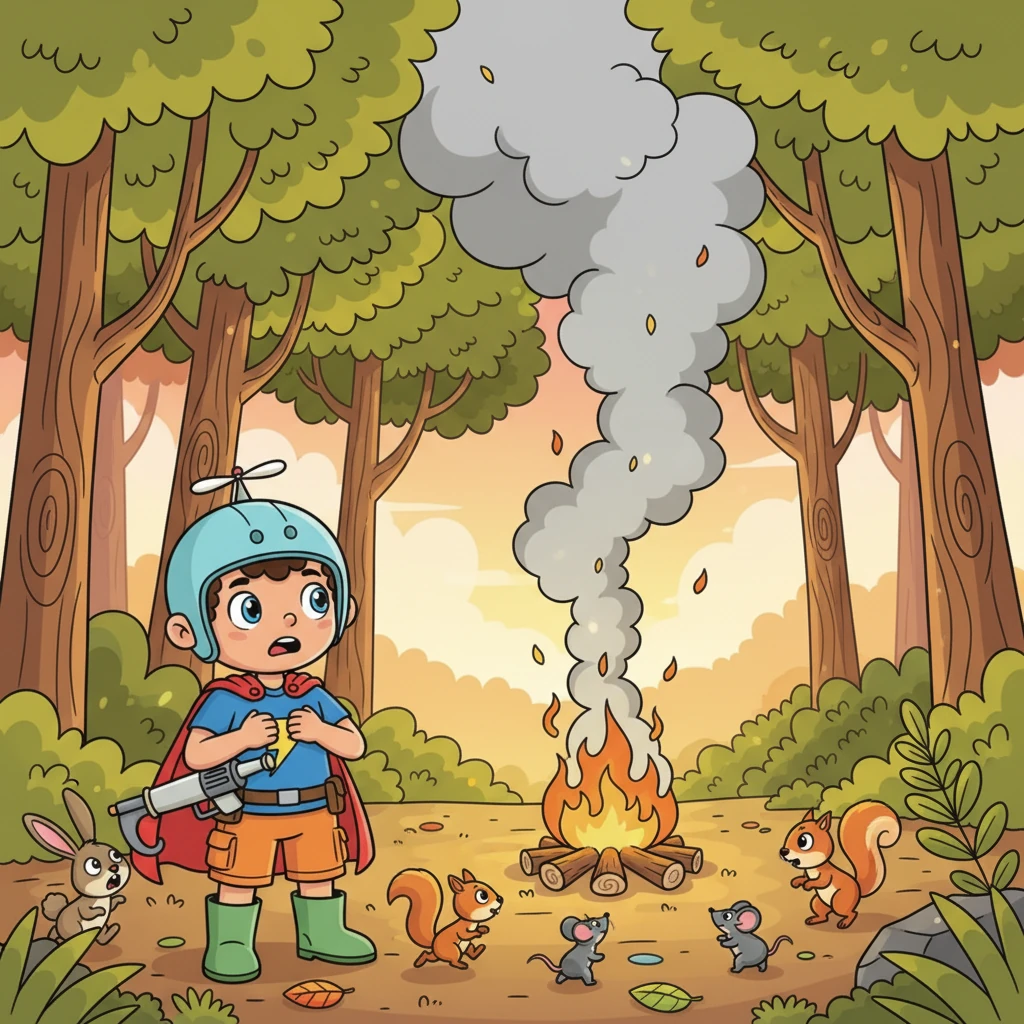 Later that day, a puff of smoke emerged from the Whispering Woods, where a forgotten campfire had sparked a small, crackling blaze. Tiny forest creatures scurried in fear, their eyes wide with worry. Leo saw the danger, his heart pounding for his animal friends.