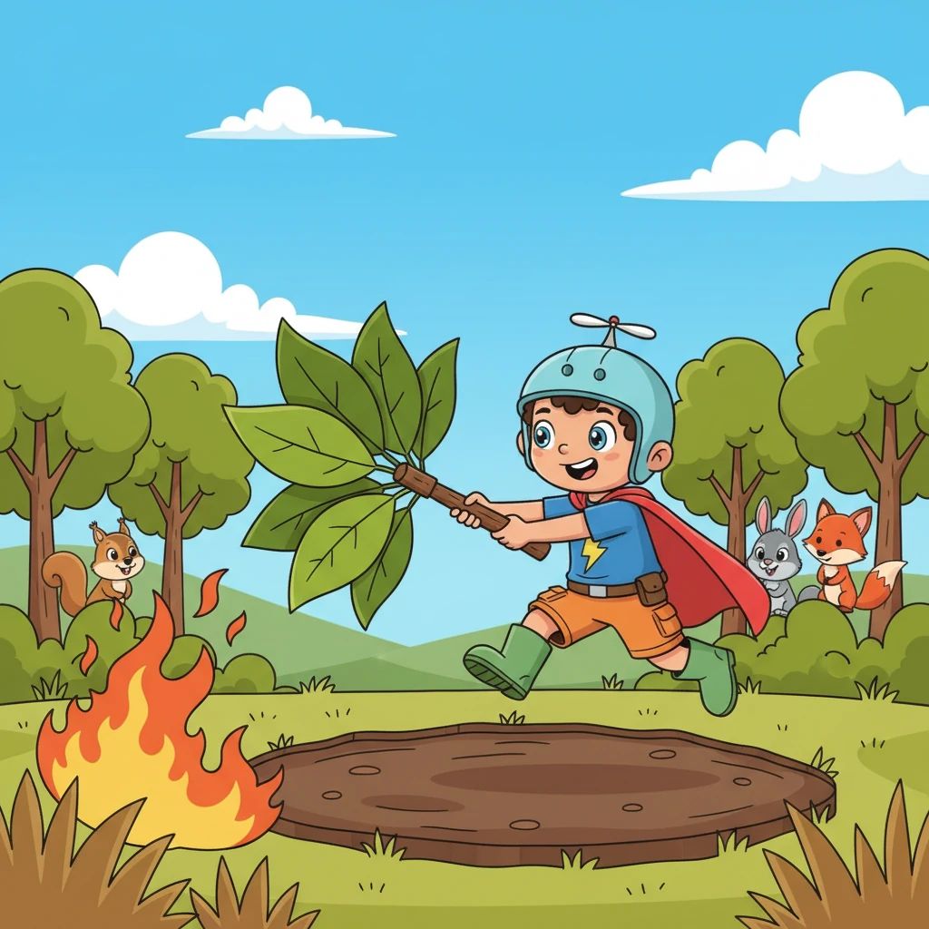 Leo raced to the scene, armed with his gigantic, leafy fan. With mighty swoops, he fanned the flames away from the dry underbrush, carefully guiding them towards a safe, clear patch of earth. The fire shrunk, and the grateful animals peeked out from behind trees.