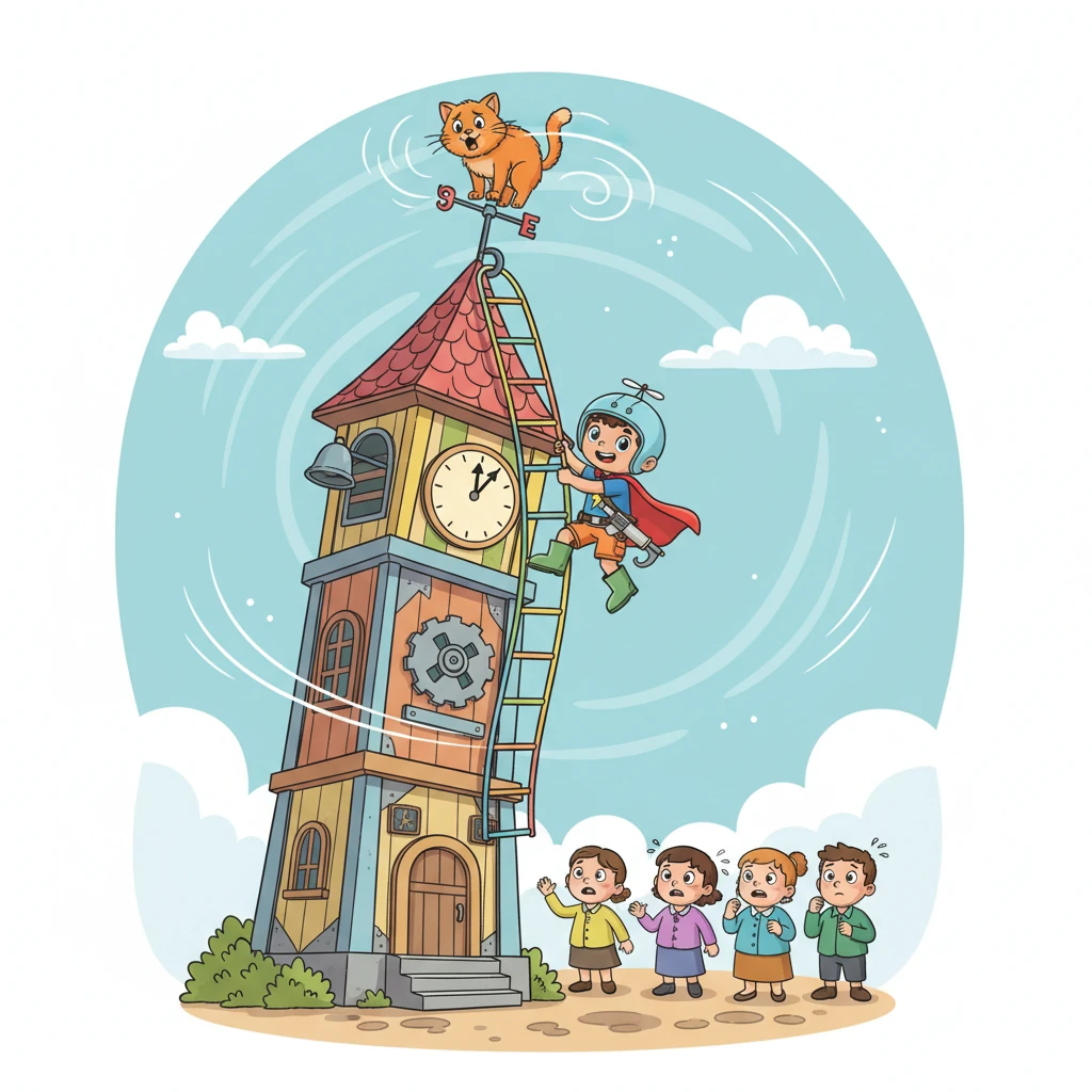 On a blustery afternoon, a fluffy orange cat found itself stranded on top of the wobbly village clock tower, meowing pitifully. The wind howled, making the tower sway, and worried townsfolk gathered below, unsure how to reach the frightened feline. Leo knew he had to help.