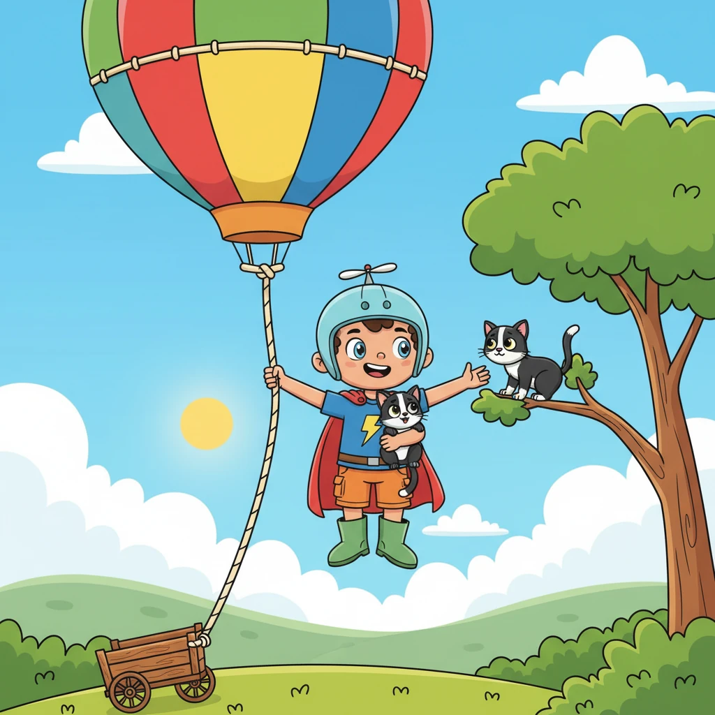 Resourceful Leo quickly inflated a giant, brightly colored balloon, tethering it securely to a sturdy wagon. He gently floated up to the dizzying height, extending a reassuring hand to the trembling cat. With a soft purr, the cat nestled into his arms, safe at last.