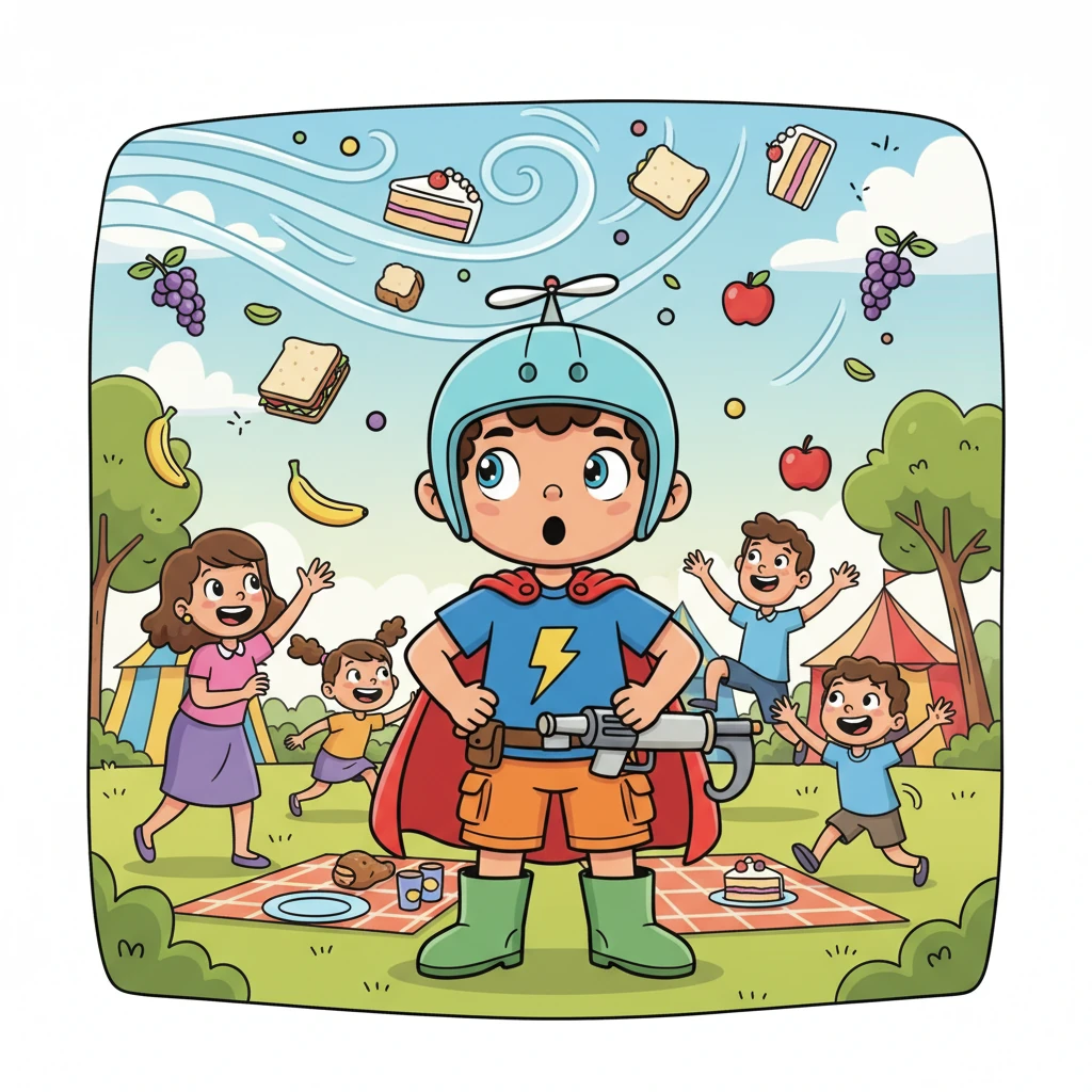 During the annual village picnic, a mischievous gust of wind swept through, snatching sandwiches, cakes, and fruit right off the blankets. Food flew everywhere, scattering across the park, leaving everyone giggling and a little sad. Leo watched the chaotic scene unfold.