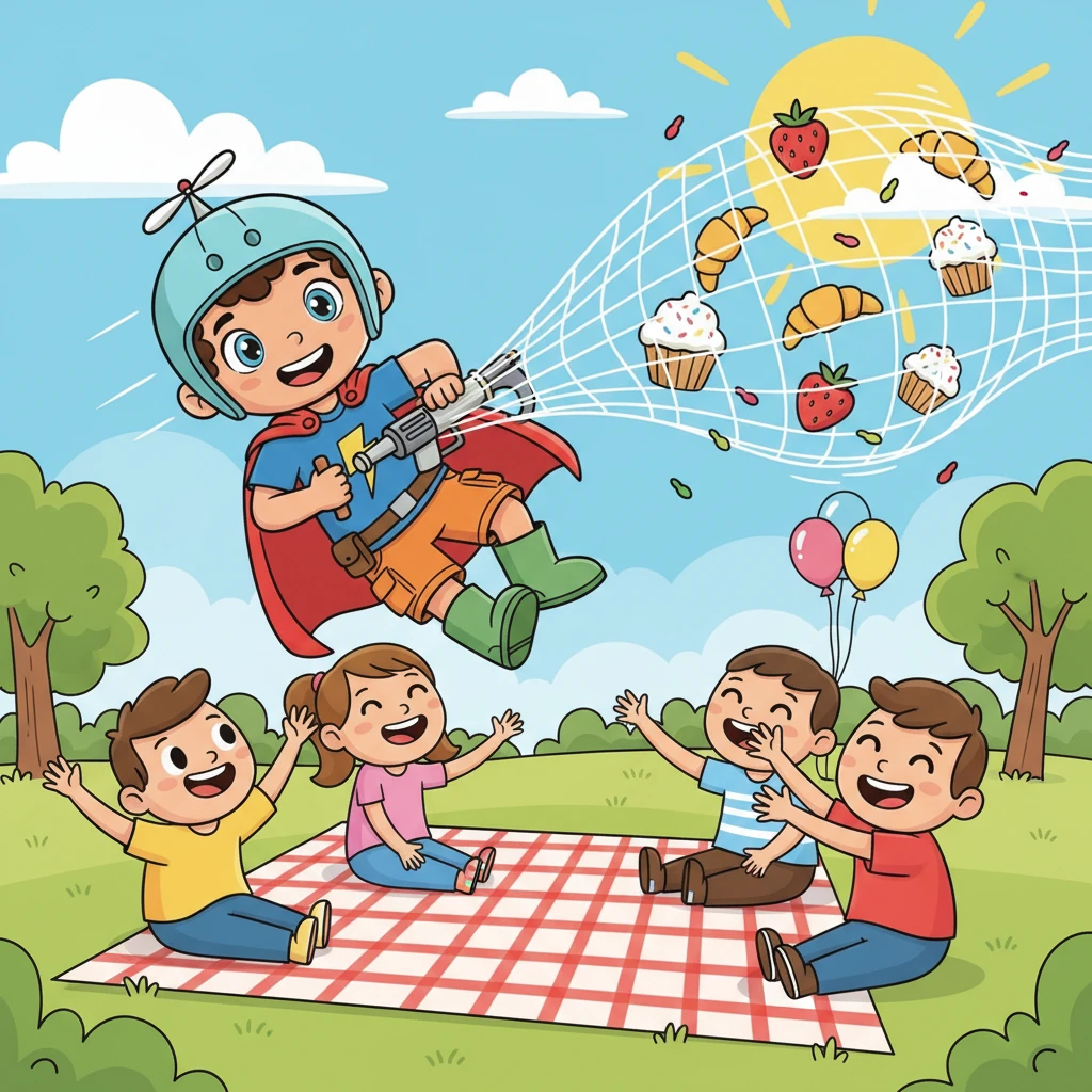 With lightning-fast reflexes, Leo unrolled his super-sticky, extra-long net, darting around the park with incredible speed. He skillfully caught every flying treat, from juicy strawberries to fluffy cupcakes, returning them all to the delighted picnickers. The picnic was saved!