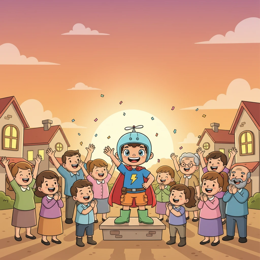 As the sun set, casting a warm glow over the grateful village, everyone gathered around Leo, cheering for their amazing hero. Leo beamed, happy to have helped his friends and neighbors through their little disasters. He knew that being a hero was simply about having a kind heart and a readiness to act.