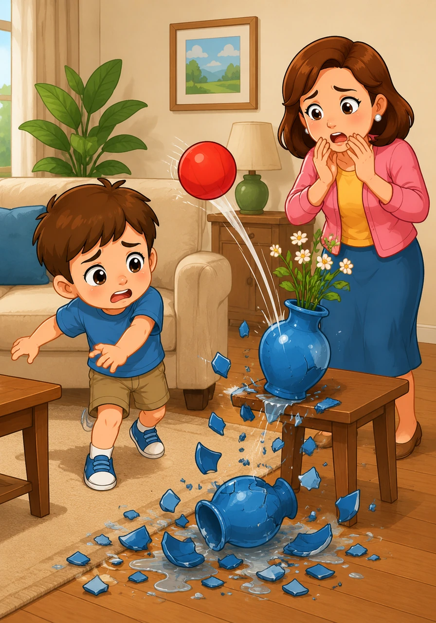 Leo was playing with his favorite red ball inside the cozy living room, even though he knew the rules about indoor play. Suddenly, the ball bounced too high and knocked over his mother’s favorite blue vase, which shattered into many pieces on the floor.
