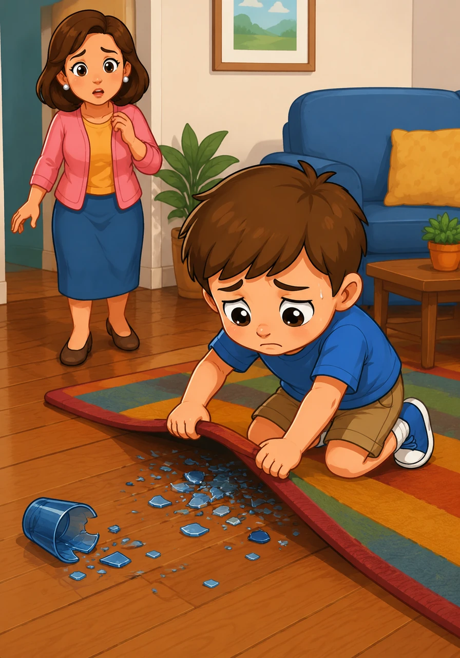 Panic filled Leo's heart as he looked at the broken glass scattered across the wooden floor. Instead of calling for help, he quickly swept the blue shards under the edge of the colorful rug, hoping no one would notice his mistake.