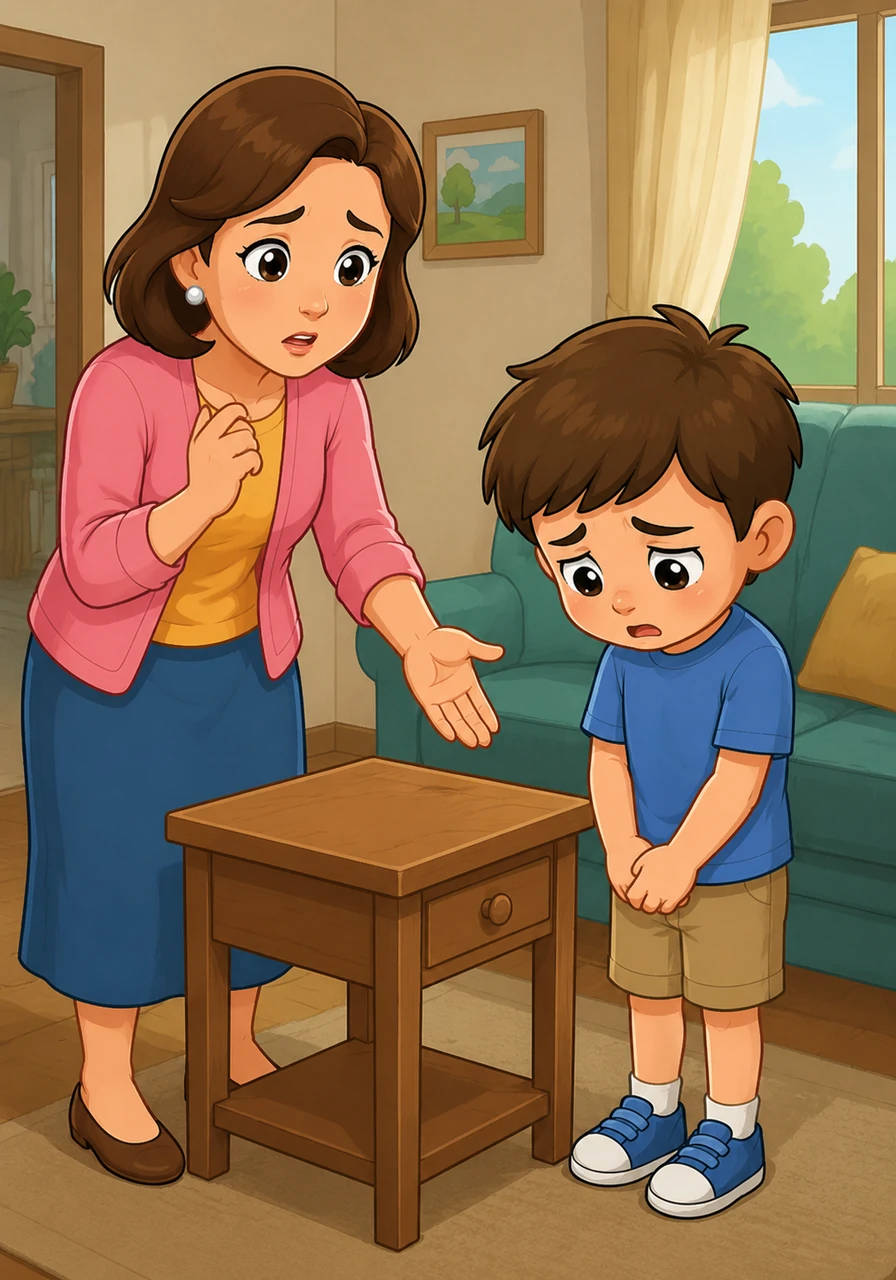 Later that afternoon, Leo’s mother entered the room and noticed the empty spot on the side table where her vase usually sat. She asked Leo if he had seen it, and with a trembling voice and downcast eyes, he told her he didn't know where it was.