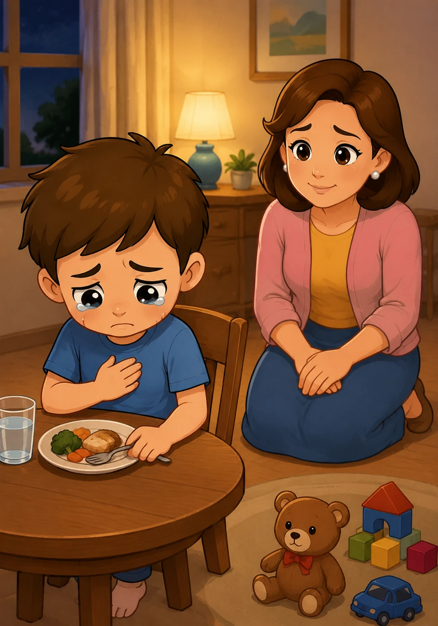 As the evening went on, Leo found that he couldn't enjoy his dinner or play with his toys like he usually did. Every time he looked at his mother, he felt a strange, heavy lump in his chest that made him feel very uncomfortable and sad.