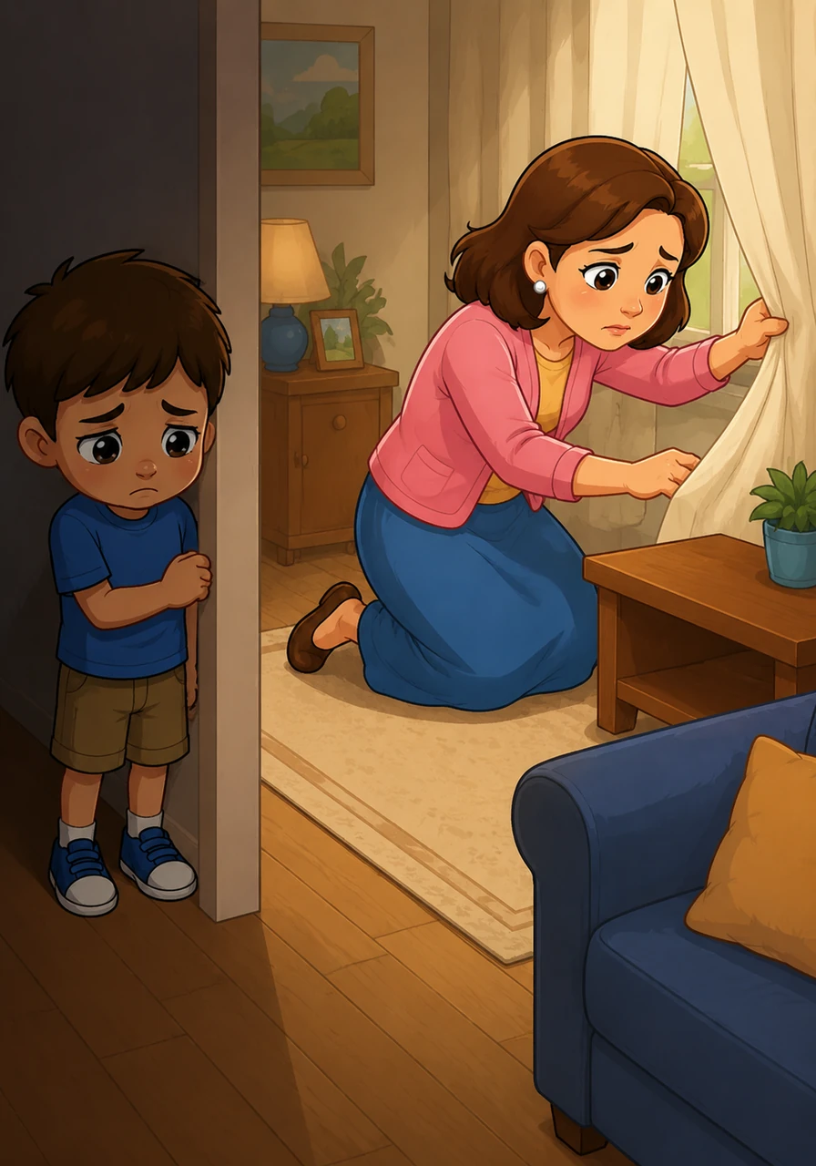 Leo watched from the shadows of the hallway as his mother searched behind the curtains and under the furniture for her missing vase. She looked worried and tired, and Leo realized his lie was making her search for something that was already broken.