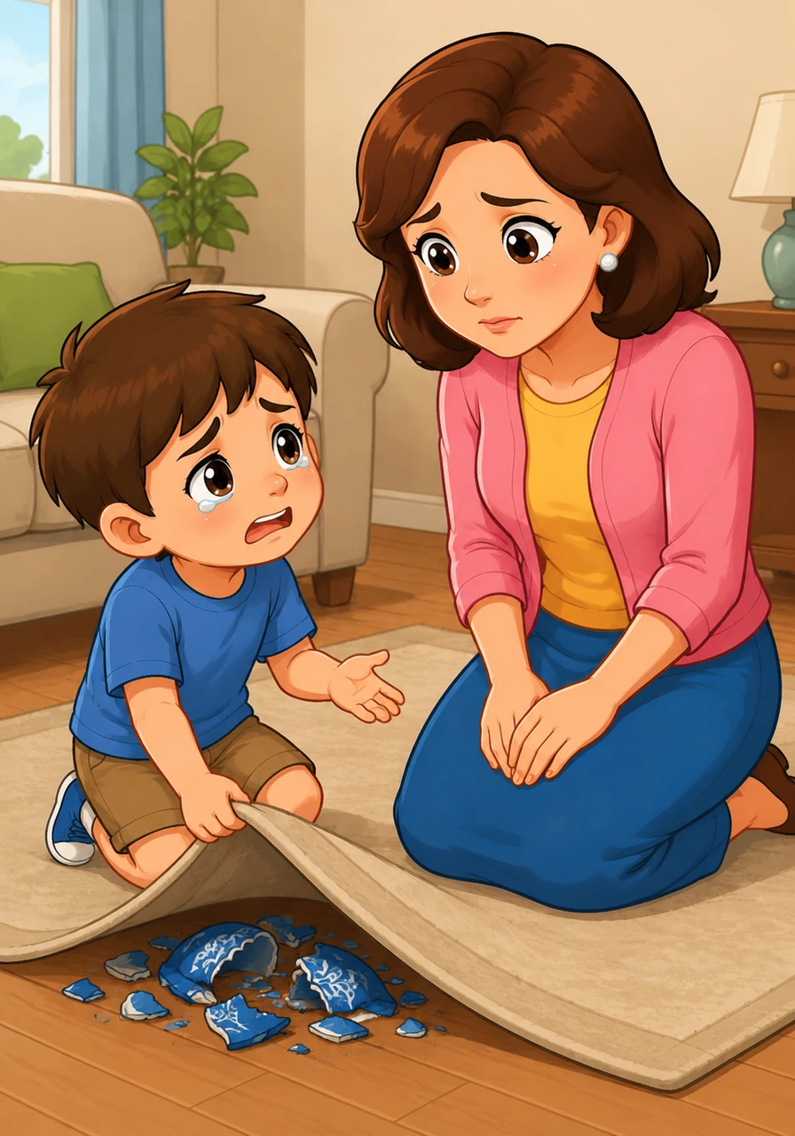 Leo reached down and lifted the edge of the rug to reveal the broken blue pieces hidden underneath. He looked up at his mother with tears in his eyes and confessed that he had broken the vase and lied about it because he was scared.
