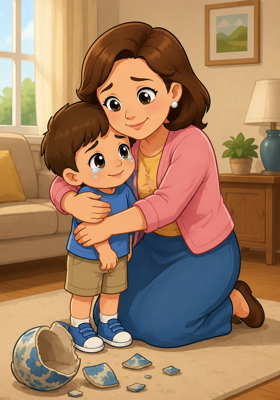Instead of being angry, Leo's mother knelt down to his level and wrapped him in a warm, gentle hug. She explained that while the vase was special, his honesty and integrity were much more valuable to her than any object in the world.