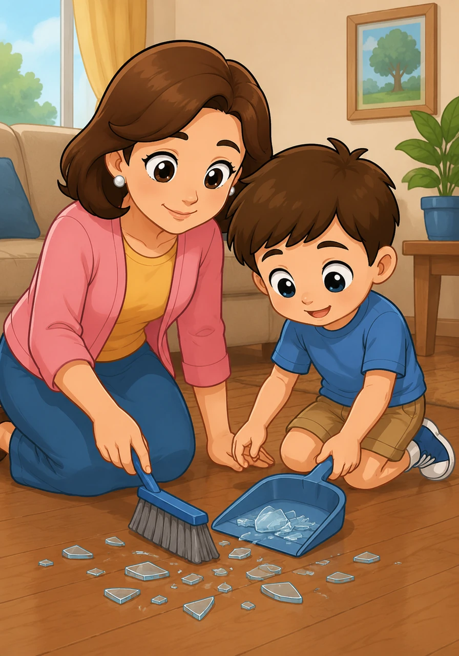 Together, they carefully used a dustpan and brush to clean up the shards of glass so the floor would be safe for everyone again. Leo felt a sense of relief as they worked side-by-side, learning that taking responsibility for his actions was the right thing to do.